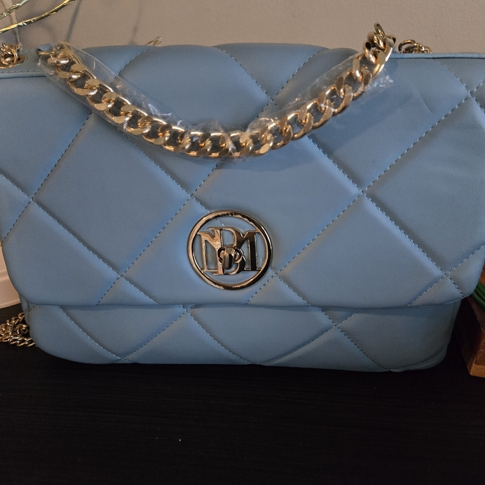 Badgley Mischka Quilted Light Blue Gold Chain Shoulder Bag NWT